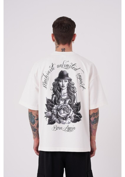 Erkek Rose Baskılı Oversize Ekru Tişört