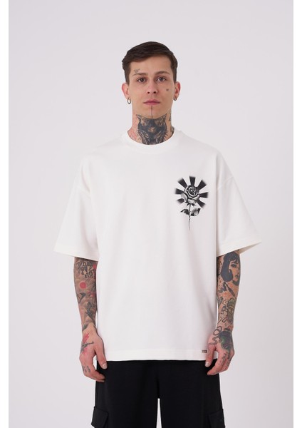 Erkek Rose Baskılı Oversize Ekru Tişört