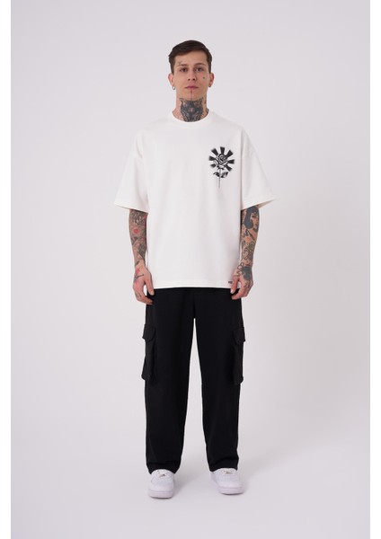 Erkek Rose Baskılı Oversize Ekru Tişört