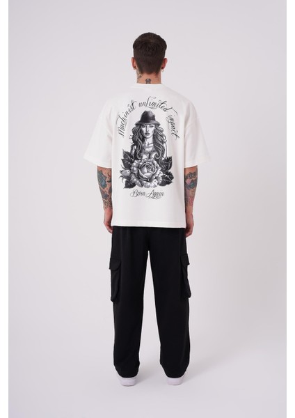 Erkek Rose Baskılı Oversize Ekru Tişört