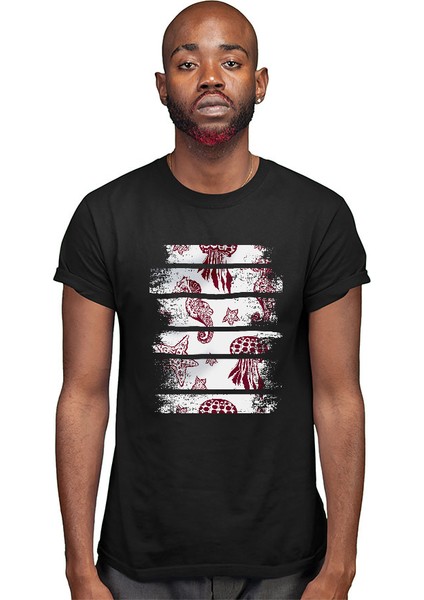 Yüzen Deniz Atı Deniz Anası ve Yıldızı Siyah Unisex Tişört T-Shirt