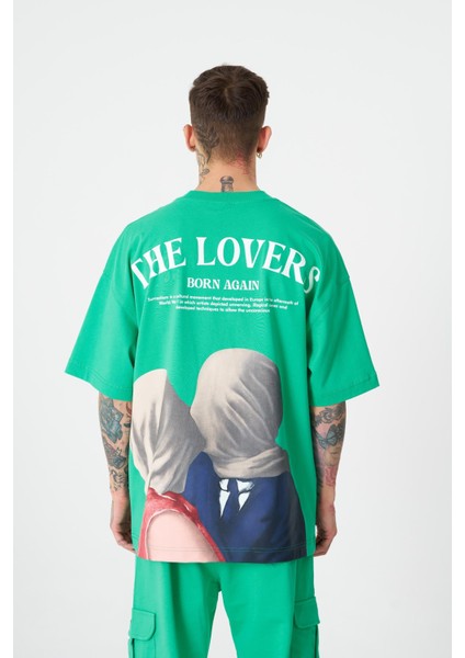 Erkek The Lovers Baskılı Oversize Açık Yeşil Tişört