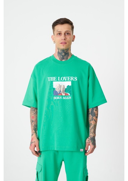 Erkek The Lovers Baskılı Oversize Açık Yeşil Tişört