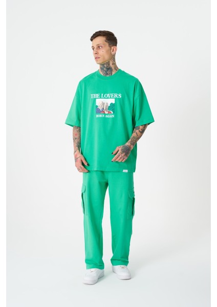 Erkek The Lovers Baskılı Oversize Açık Yeşil Tişört