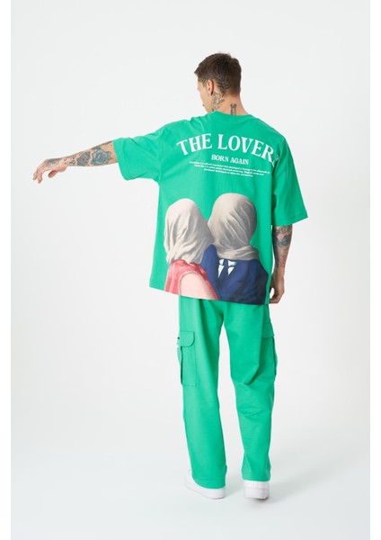 Erkek The Lovers Baskılı Oversize Açık Yeşil Tişört