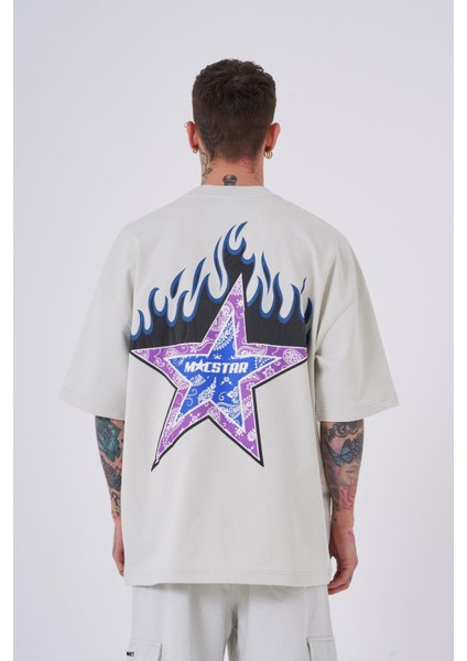 Erkek Macstar Flame Baskılı Oversize Gri Tişört