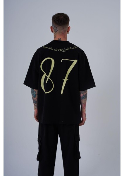Erkek Herb Printed Baskılı Oversize Siyah Tişört