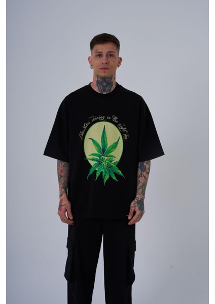 Erkek Herb Printed Baskılı Oversize Siyah Tişört