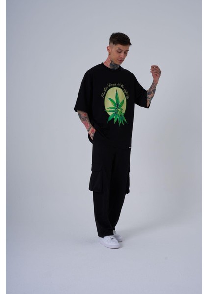Erkek Herb Printed Baskılı Oversize Siyah Tişört