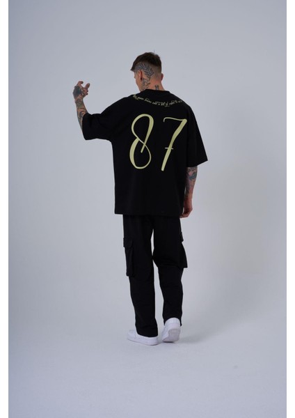 Erkek Herb Printed Baskılı Oversize Siyah Tişört