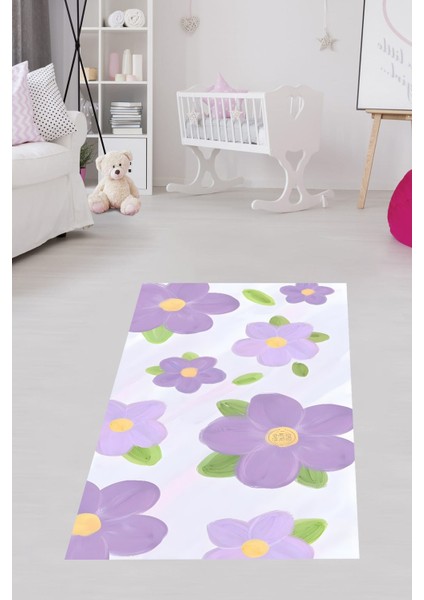 Mor Menekşe Çiçekli Yıkanabilir Kaymaz Taban Leke Tutmaz Çocuk Odası Halısık fiyatları