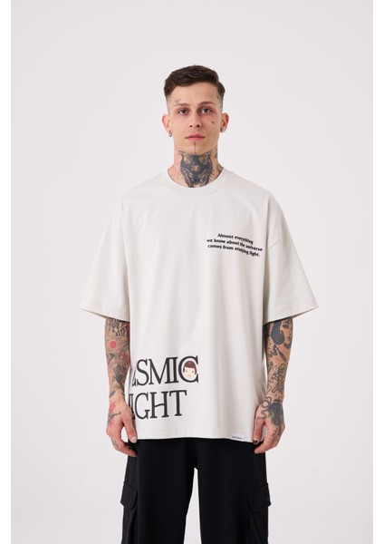 Erkek Cosmic Light Baskılı Oversize Gri Tişört