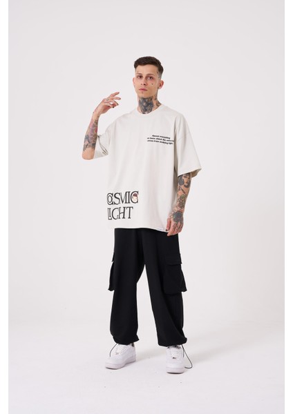 Erkek Cosmic Light Baskılı Oversize Gri Tişört