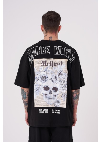 Erkek Savage World Baskılı Oversize Siyah Tişört