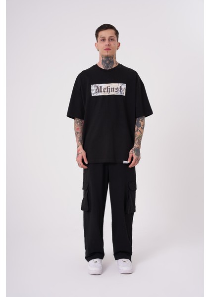 Erkek Savage World Baskılı Oversize Siyah Tişört