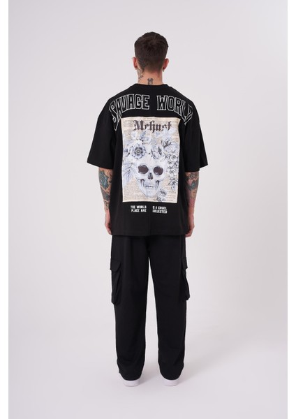 Erkek Savage World Baskılı Oversize Siyah Tişört