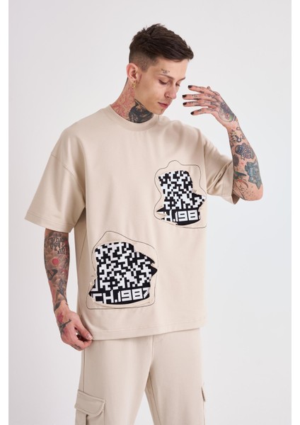 Erkek Dama Patch Oversize Açık Bej Tişört