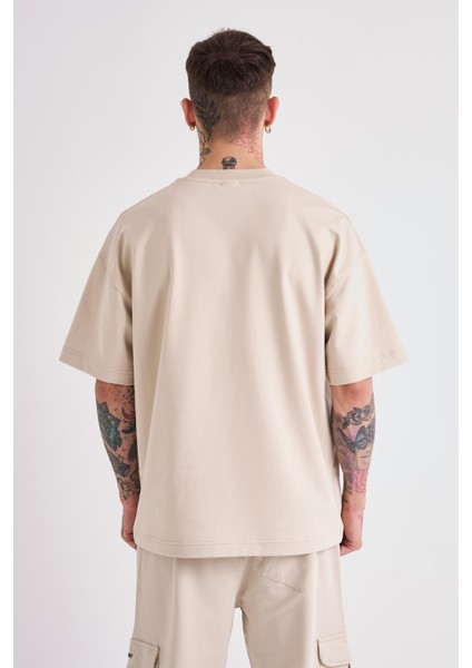Erkek Dama Patch Oversize Açık Bej Tişört
