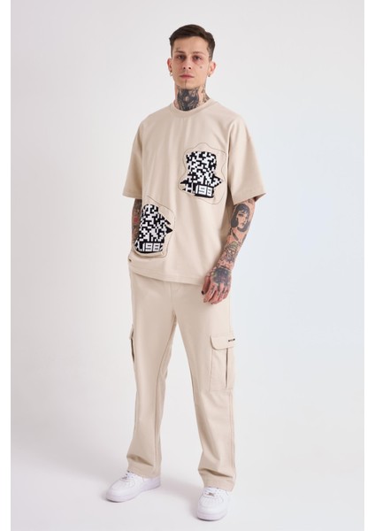 Erkek Dama Patch Oversize Açık Bej Tişört