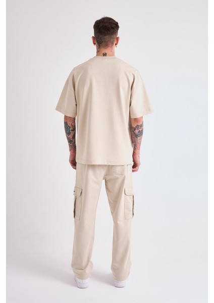 Erkek Dama Patch Oversize Açık Bej Tişört