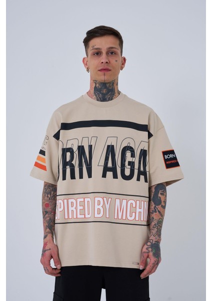Erkek Inspired By Machinist Baskılı Oversize Açık Bej Tişört