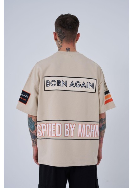 Erkek Inspired By Machinist Baskılı Oversize Açık Bej Tişört