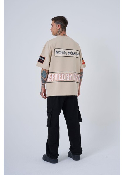 Erkek Inspired By Machinist Baskılı Oversize Açık Bej Tişört