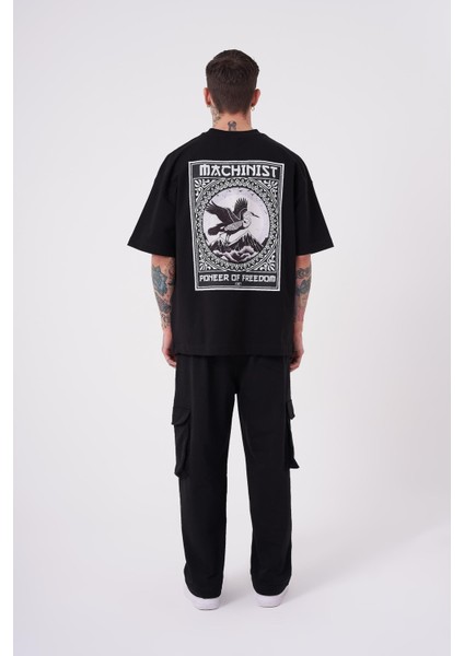 Erkek Crane Patch Baskılı Oversize Siyah Tişört