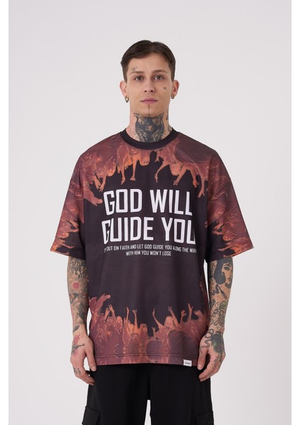 Erkek God Will Guide You Baskılı Oversize Siyah Tişört