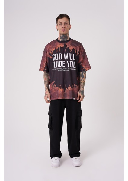 Erkek God Will Guide You Baskılı Oversize Siyah Tişört modelleri