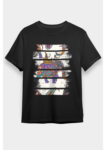 Buta Desenli Fil Siyah Unisex Tişört T-Shirt