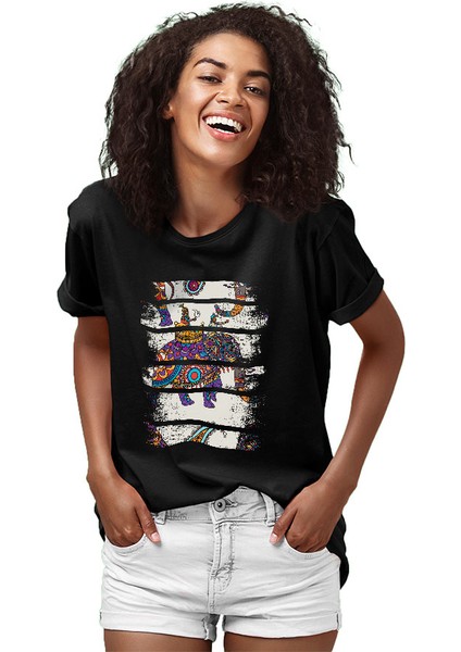 Buta Desenli Fil Siyah Unisex Tişört T-Shirt fiyatları
