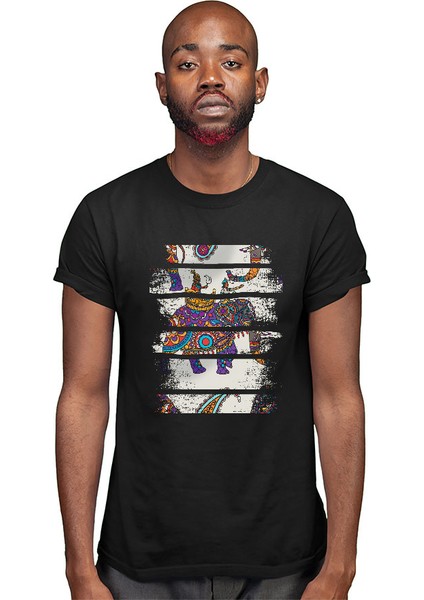 Buta Desenli Fil Siyah Unisex Tişört T-Shirt modelleri
