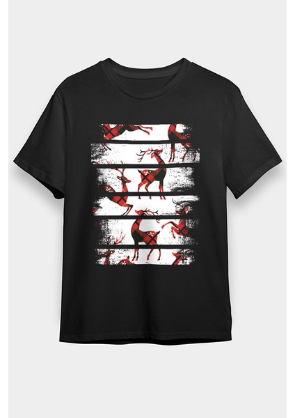 Ekose Desenli Boynuzlu Geyik Siyah Unisex Tişört T-Shirt