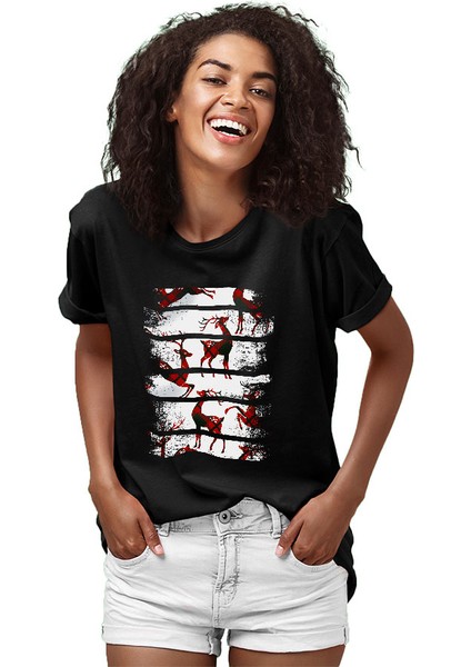 Ekose Desenli Boynuzlu Geyik Siyah Unisex Tişört T-Shirt fiyatları