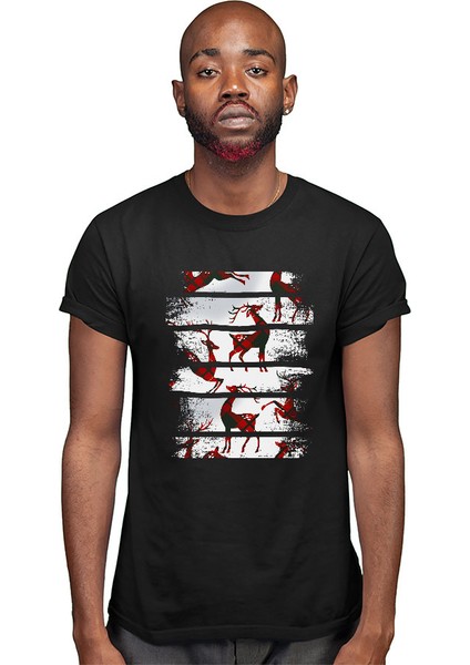Ekose Desenli Boynuzlu Geyik Siyah Unisex Tişört T-Shirt modelleri