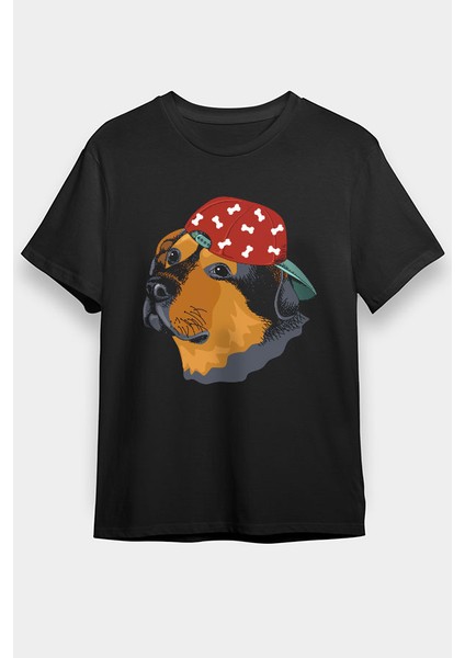 Şapkalı Rottweiler Siyah Unisex Tişört T-Shirt