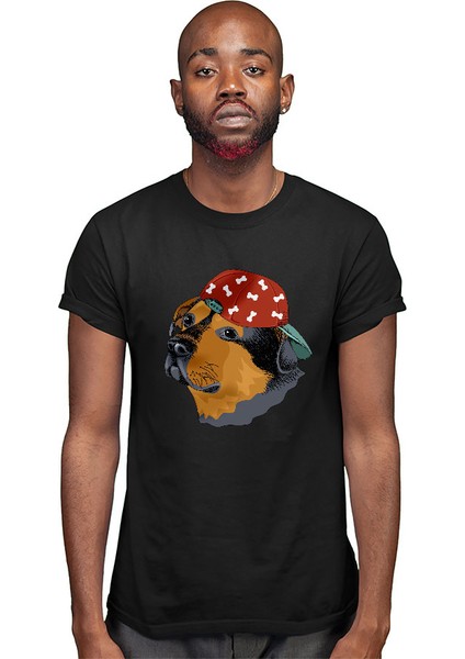 Şapkalı Rottweiler Siyah Unisex Tişört T-Shirt modelleri