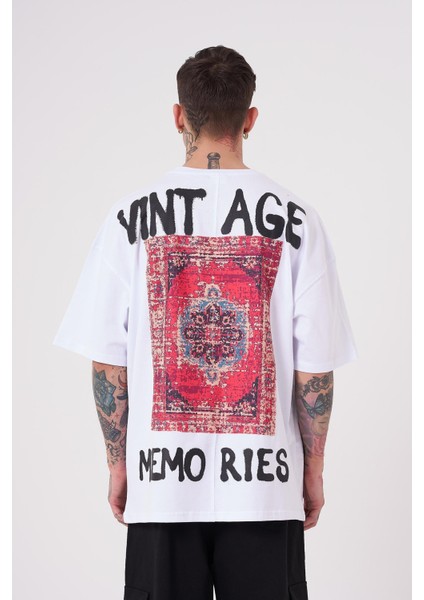 Erkek Vintage Memories Baskılı Oversize Beyaz Tişört