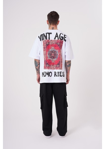 Erkek Vintage Memories Baskılı Oversize Beyaz Tişört