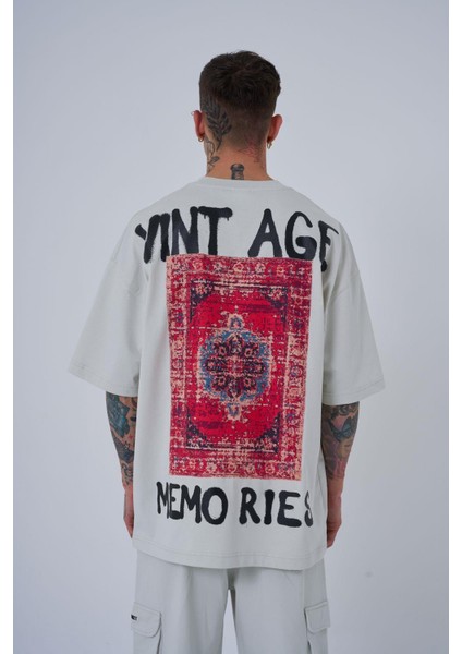 Erkek Vintage Memories Baskılı Oversize Gri Tişört