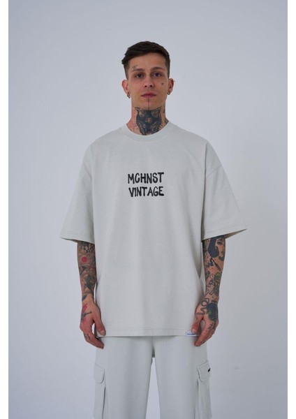 Erkek Vintage Memories Baskılı Oversize Gri Tişört