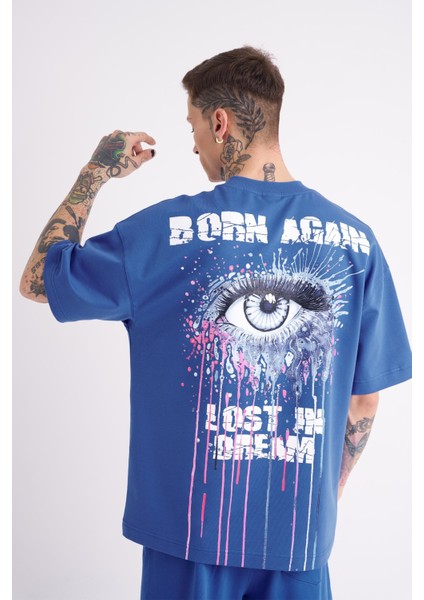 Erkek Lost In Dream Baskılı Oversize Açık Mavi Tişört
