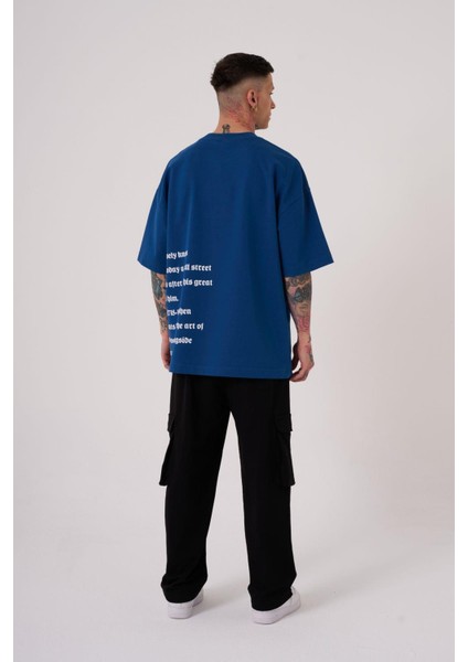 Erkek Nakışlı Baskı Detay Oversize Indigo Tişört fırsatları