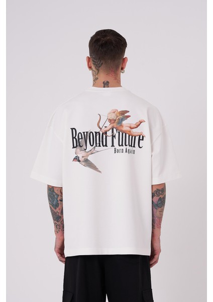 Erkek Beyond Future Baskılı Oversize Ekru Tişört
