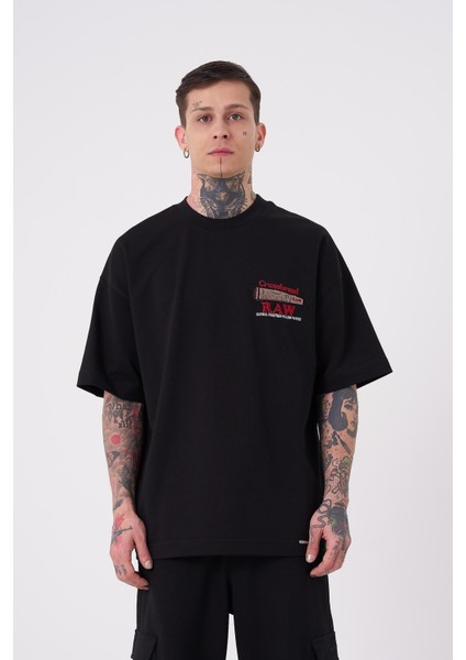 Erkek Raw Crossbreed Detaylı Oversize Siyah Tişört