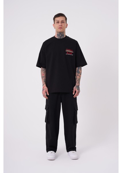 Erkek Raw Crossbreed Detaylı Oversize Siyah Tişört