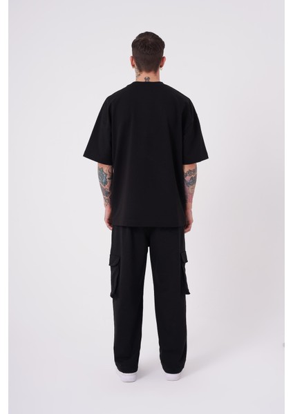 Erkek Raw Crossbreed Detaylı Oversize Siyah Tişört