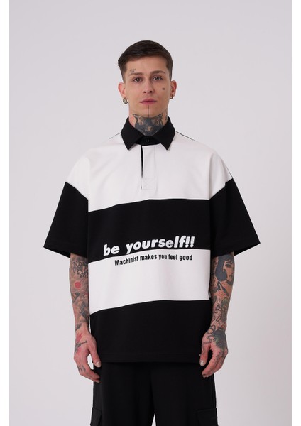 Erkek Be Yourself Polo Yaka Oversize Siyah Tişört
