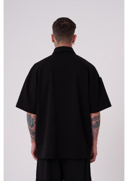Erkek Be Yourself Polo Yaka Oversize Siyah Tişört
